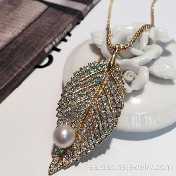 Hoja forma aleación de cristal imitación perla collar